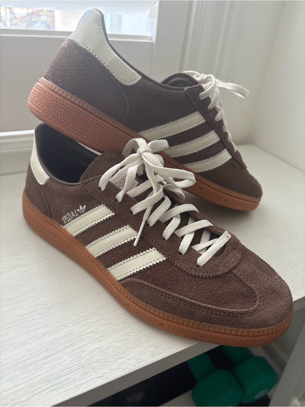adidas Originals Brown Suede Sneakers with White Stripes and Gum Sole
